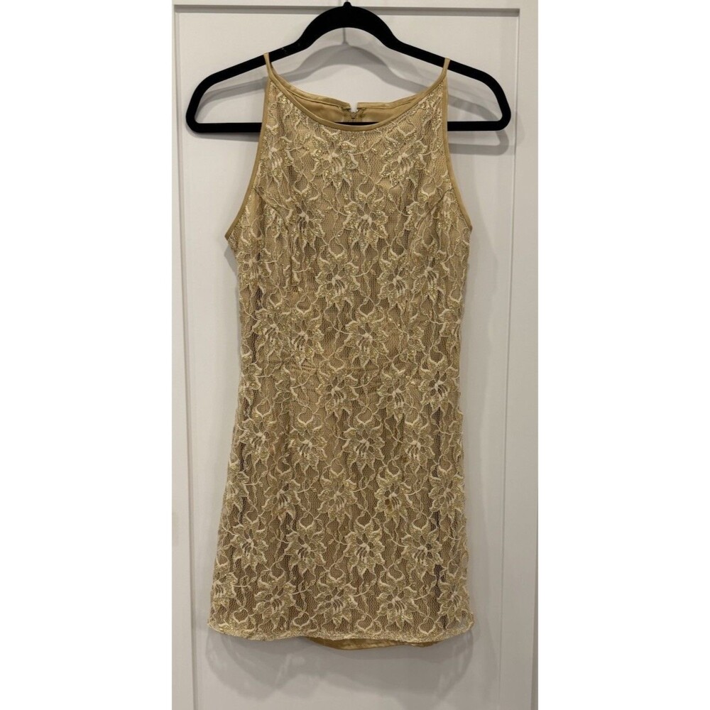 Vtg 80 90s Jessica McClintock Gunne Sax Gold Metallic Lace Dress Mylar Ac0 7/8